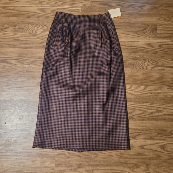 Silk Plaid Midi Skirt in Plum and Olive - Picture 1 of 9